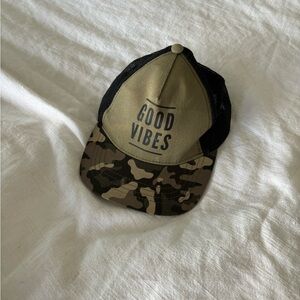 Toddler little boy good vibes snap back hat
Camp olive green black